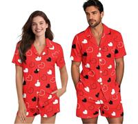 NETILGEN Set di pigiami coordinati per coppie, a maniche corte, da donna, da uomo, pigiama, bottoni, Dolci cuori d'amore, 5XL