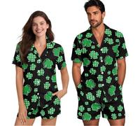 NETILGEN Set di pigiami per lui e per lei, set di abbigliamento da notte estivo a maniche corte per coppie, pigiami coordinati da giorno, Foglia verde., XL