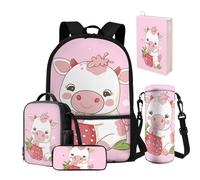 NETILGEN Set di zaini per la scuola per bambine 8-10/10-12, 5 pezzi, zaino e portapranzo, per scuola elementare, scuola materna, scuola materna, medio-alta, Mucca fragola, Zaino Scuola