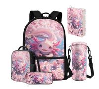NETILGEN Set di zaini per la scuola per bambine 8-10/10-12, 5 pezzi, zaino e portapranzo, per scuola elementare, scuola materna, scuola materna, medio-alta, Fiori di ciliegio Axolotl, Zaino Scuola