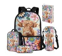 NETILGEN Set di zaini per la scuola per bambine 8-10/10-12, 5 pezzi, zaino e portapranzo, per scuola elementare, scuola materna, scuola materna, medio-alta, Fiori Floreali Mucca, Zaino Scuola
