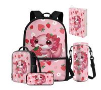 NETILGEN Set di zaini per la scuola per bambine 8-10/10-12, 5 pezzi, zaino e portapranzo, per scuola elementare, scuola materna, scuola materna, medio-alta, Axolotl Fragola, Zaino Scuola