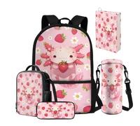 NETILGEN Set di zaini per la scuola per bambine 8-10/10-12, 5 pezzi, zaino e portapranzo, per scuola elementare, scuola materna, scuola materna, medio-alta, Axolotl alla fragola, Zaino Scuola