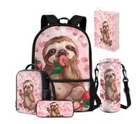 NETILGEN Set di zaini per la scuola per bambine 8-10/10-12, 5 pezzi, zaino e portapranzo, per scuola elementare, scuola materna, scuola materna, medio-alta, Bradipo fragola, Zaino Scuola