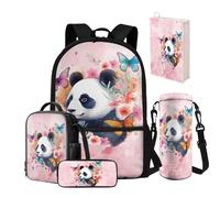 NETILGEN Set di zaini per la scuola per bambine 8-10/10-12, 5 pezzi, zaino e portapranzo, per scuola elementare, scuola materna, scuola materna, medio-alta, Panda Fiore, Zaino Scuola