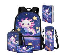 NETILGEN Set di zaini per la scuola per bambine 8-10/10-12, 5 pezzi, zaino e portapranzo, per scuola elementare, scuola materna, scuola materna, medio-alta, Galaxy Axolotl, Zaino Scuola