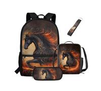 NETILGEN Set di zaini per la scuola per bambini, ragazzi, ragazzi, libri, con portapranzo, portapranzo, portachiavi, zaino casual, zaino per la scuola elementare, Cavallo Fuoco Bruciante, Zaino per