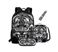 NETILGEN Set di zaini per la scuola per bambini, ragazzi, ragazzi, libri, con portapranzo, portapranzo, portachiavi, zaino casual, zaino per la scuola elementare, Tigre bianca., Zaino per bambini