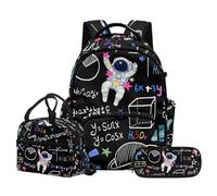 NETILGEN Set di zaino per la scuola elementare 3 in 1 per bambini, con borsa portapranzo e astuccio, Formula matematica astronauta, L, Casual