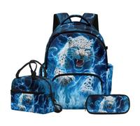 NETILGEN Set di zaino per la scuola elementare 3 in 1 per bambini, con borsa portapranzo e astuccio, Ghepardo Fiamma Blu, L, Casual