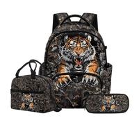 NETILGEN Set di zaino per la scuola elementare 3 in 1 per bambini, con borsa portapranzo e astuccio, Tigre, L, Casual