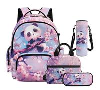 NETILGEN Set di zaino per la scuola per bambini con portapranzo, astuccio e custodia per bottiglia 4 in 1 per studenti elementari in età prescolare, Panda floreale ciliegia, L, Casual