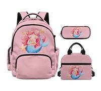 NETILGEN Set di zaino per la scuola per bambini con scatola termica per il pranzo e astuccio 3 in 1, Pesce Sirena, L, Casual