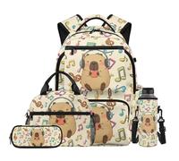 NETILGEN Set di zaino per la scuola per bambini con tasche multiple con borsa per il pranzo, astuccio e custodia per biberon, per ragazzi e ragazze, Capibara dei cartoni animati, L, Casual
