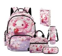 NETILGEN Set di zaino per la scuola per ragazze con portapranzo, astuccio per matite, custodia per bottiglia e copertina per libri, set 5 in 1, Axolotl ciliegia, L, Casual