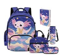 NETILGEN Set di zaino per la scuola per ragazze con portapranzo, astuccio per matite, custodia per bottiglia e copertina per libri, set 5 in 1, Axolotl, L, Casual