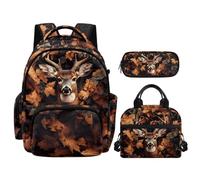 NETILGEN Set zaino 3 in 1 per studenti elementari elementari con astuccio per il pranzo, Cervo con foglie di bosco, L, Casual