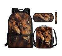 NETILGEN Set zaino per bambini con borsa per la scuola, borsa termica per il pranzo, astuccio portamatite, portachiavi, borsa per libri alla moda, Famiglia Brown Horse, Taglia unica, Zaini Daypack