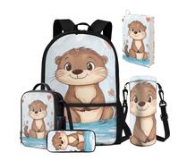 NETILGEN Set zaino per bambini con portapranzo isolato, astuccio per matite, custodia per bottiglia d'acqua, copertina per libri 5 in 1, età 7-10/10-12 anni, Amore lontra, Zaino Scuola