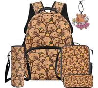 NETILGEN Set zaino per la scuola per ragazzi e ragazze con portapranzo, astuccio portamatite, custodia per bottiglia e ciondolo portachiavi, Capibara dei cartoni animati, L, Casual