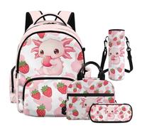 NETILGEN Set zaino per ragazze per studenti delle scuole elementari con portapranzo, astuccio e custodia per bottiglia, Axolotl alla fragola, L, Casual