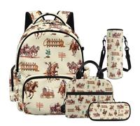 NETILGEN Set zaino per scuola e viaggio per ragazzi con portapranzo, astuccio e custodia per bottiglia 4 in 1, Cactus Cowboy Occidentale, L, Casual