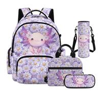 NETILGEN Zaino carino per ragazze, grande capacità, set con portapenne, portapranzo e custodia per bottiglia 4 in 1, Margherita Axolotl, L, Casual