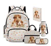NETILGEN Zaino per bambini a tema cartoni animati per studenti elementari con borsa per il pranzo, astuccio per matite e custodia per libri, Porcellino d'India floreale, L, Casual