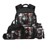 NETILGEN Zaino per bambini con borsa termica per il pranzo, astuccio per matite, custodia per bottiglia per studenti delle scuole elementari elementari, Lupo nero, L, Casual