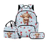 NETILGEN Zaino per bambini con scatola per il pranzo e astuccio per la scuola elementare, Cherry Highland Mucca, L, Casual