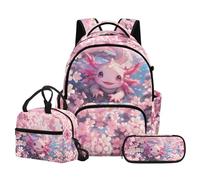 NETILGEN Zaino per bambini con scatola per il pranzo e astuccio per la scuola elementare, Fiori di ciliegio Axolotl, L, Casual