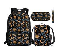 NETILGEN Zaino per bambini, set da 4 pezzi, include borsa a tracolla per la scuola, borsa per il pranzo, astuccio portamatite, portachiavi, forniture per il ritorno a scuola, Sole Luna Stella, Taglia