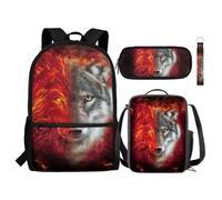 NETILGEN Zaino per bambini, set da 4 pezzi, include borsa per libri scolastici, borsa per il pranzo, portapenne, portachiavi per la scuola, Lupo Rosso Fuoco, Taglia unica, Zaini Daypack