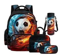 NETILGEN Zaino per la scuola per ragazzi e adolescenti, zaino resistente con portapranzo, astuccio per matite e custodia per bottiglia, Calcio Fiamma, L, Casual