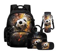 NETILGEN Zaino per la scuola per ragazzi e adolescenti, zaino resistente con portapranzo, astuccio per matite e custodia per bottiglia, Calcio 3d, L, Casual