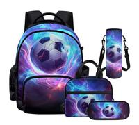 NETILGEN Zaino per la scuola per ragazzi e adolescenti, zaino resistente con portapranzo, astuccio per matite e custodia per bottiglia, Calcio Fiamma Viola, L, Casual