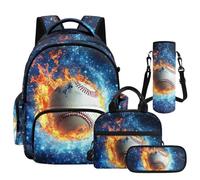 NETILGEN Zaino per la scuola per ragazzi e adolescenti, zaino resistente con portapranzo, astuccio per matite e custodia per bottiglia, Baseball Fiamma, L, Casual
