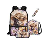 NETILGEN Zaino per ragazze e bambini, con scatola termica per il pranzo, astuccio portachiavi, set da 4 pezzi, borsa per libri con scomparti, Hippie Fiori Floreali Mucca, Zaino per bambini