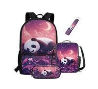 NETILGEN Zaino per ragazze e bambini, con scatola termica per il pranzo, astuccio portachiavi, set da 4 pezzi, borsa per libri con scomparti, Panda notte lunare, Zaino per bambini
