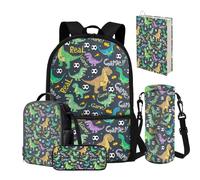 NETILGEN Zaino per scuola Bookbag e Lunch Box Astuccio per matite Bottiglia d'acqua Custodia per libri per ragazze 7-10/10-12 Zaino Borse per la scuola elementare, Dinosauro T-rex, Zaino Scuola