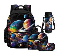 NETILGEN Zaino scolastico 4 in 1 alla moda per ragazzi, grande capacità, con portapranzo, astuccio e custodia per bottiglia, Pianeti dello spazio esterno, L, Casual