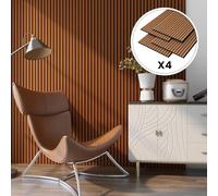 NEU.HOLZ Set di 4 Pannelli Fonoassorbenti Decorativi Isolamento Acustico per Parete e Soffitto Pannelli in Feltro Acustico PET con Listelli in MDF - colore Teak
