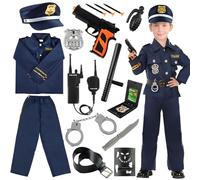 NEUFOOD Costume Poliziotto Bambino, Vestito Poliziotto Bambino Kit Poliziotto Bambino con Polizia Costum Walkie Talkie Manette Distintivo Cappello Polizia Giocattolo per Halloween Carnevale Bambini