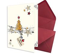 NEUSER PAPIER 25x set di biglietti di Natale DIN A7 in bianco con albero di Natale e stelle - piccoli biglietti pieghevoli con buste DIN C7 rosso scuro con colla umida - auguri di Natale