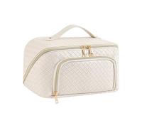 Neusky Grande trousse per trucchi, impermeabile, in pelle PU, da viaggio, con grande tasca aperta per donne e donne (Beige Vintage)