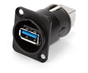 Neutrik Cambia genere USB 3.0 reversibile con porte di tipo A e B, alloggiamento nero a D per montaggio a pannello per l'uso in apparecchiature audio, pannelli di permutazione, rack per server e