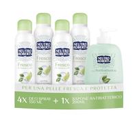 Neutro Roberts, Deodorante Spray Fresco 4x150ml, Sapone Antibatterico 200ml | Formula Anti-Macchie con Puro Olio di Glicerina, Senza Sali di Alluminio, Sapone Liquido per Mani con Tè Verde 200 ml