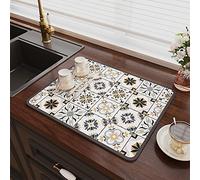 NeuWee Tappetino Scolapiatti, Scolapiatti da Lavello Super Assorbente, Antiscivolo Resistente al Calore Tappetino per Asciugare i Piatti, Tappetino per Macchina da Caffè, 30x40cm (Navy+Giallo Stampa)