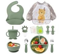 Neuytiky Set Pappa Svezzamento, Set di 11 Piatti per Bambini,Silicone Piatto con Ventosa Ciotola Cucchiaio Forchetta Bavaglino, bavaglini impermeabili neonato,Set di Posate per Bambini,Senza BPA