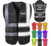 Nevaou Gilet di sicurezza personalizzato da uomo con logo, nero ad alta visibilità, riflettente, con tasche e cerniera, abbigliamento protettivo da lavoro per esterni